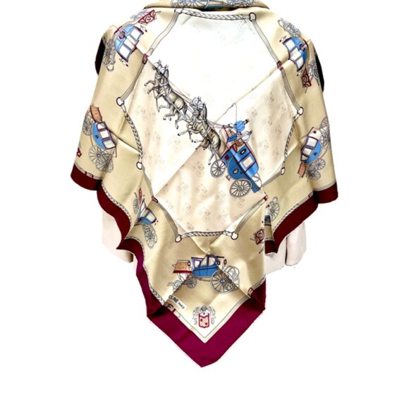 Celine Accessories - Unused Celine Paris Scarf  100% Silk  34" Gold Tan Brgendy Carriage Horses (39)